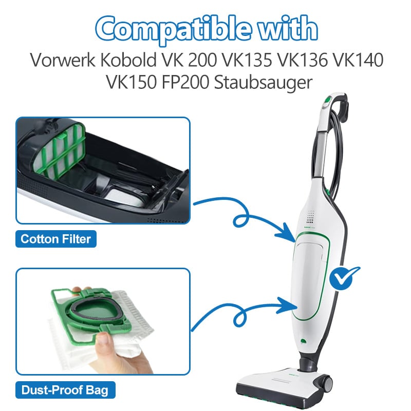 Príslušenstvo k vysávaču Vorwerk VK200: vrečko na prach, sieťový filter, predný filter a parfumová tableta