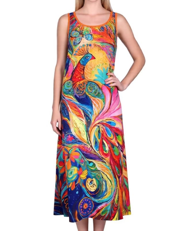 Dámske šaty bez rukávov s guľatým výstrihom, midi dĺžka, A-linija, polyester, digitálna tlač s 3D efektom, elegantné a pohodlné letné šaty.
