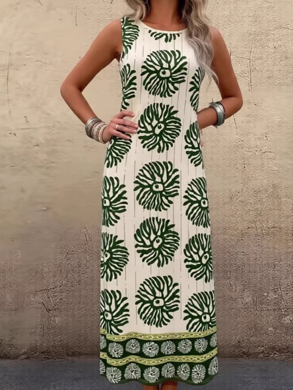 Dámske šaty bez rukávov s guľatým výstrihom, midi dĺžka, A-linija, polyester, digitálna tlač s 3D efektom, elegantné a pohodlné letné šaty.