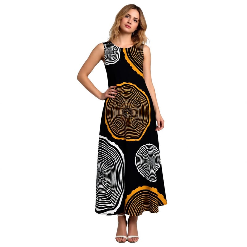 Dámske šaty bez rukávov s guľatým výstrihom, midi dĺžka, A-linija, polyester, digitálna tlač s 3D efektom, elegantné a pohodlné letné šaty.