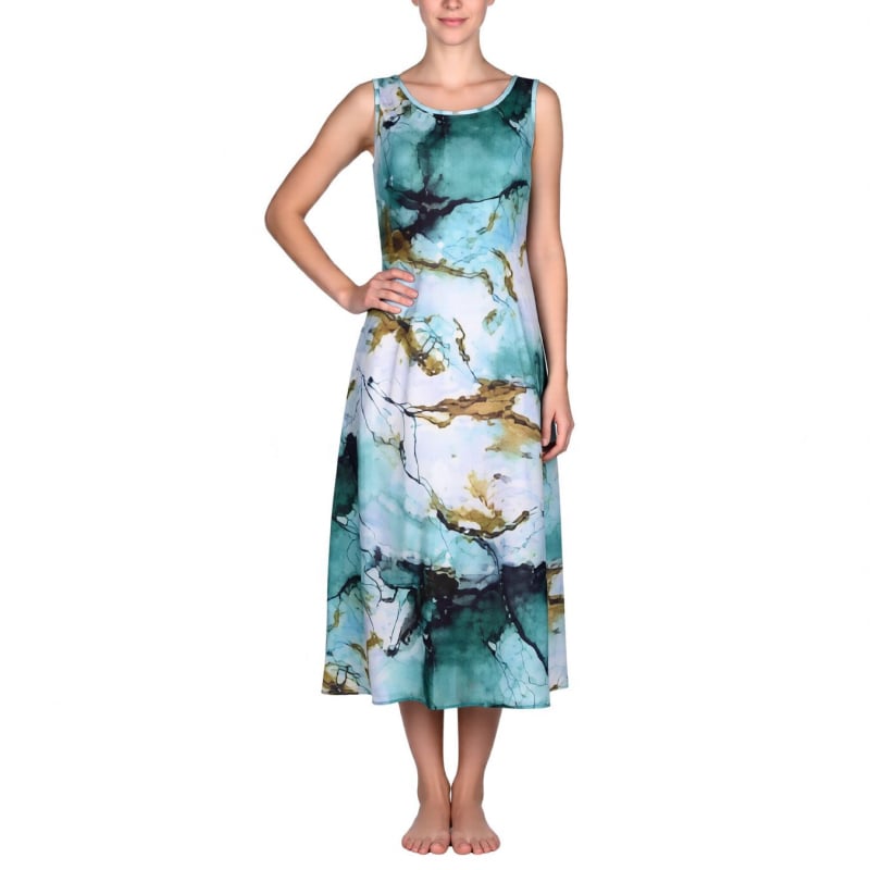 Dámske šaty bez rukávov s guľatým výstrihom, midi dĺžka, A-linija, polyester, digitálna tlač s 3D efektom, elegantné a pohodlné letné šaty.