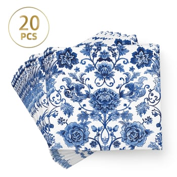 Kék‑fehér porcelán virágmintás szalvéta, fehér peónia mintával, egyszer használatos, kétszeres rétegű