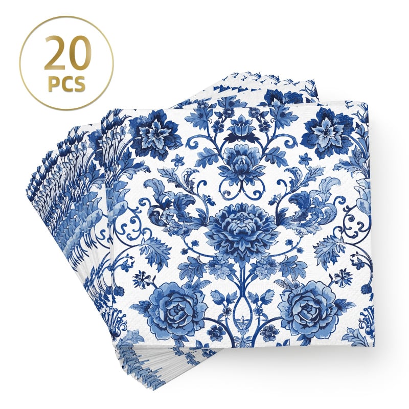 Kék‑fehér porcelán virágmintás szalvéta, fehér peónia mintával, egyszer használatos, kétszeres rétegű