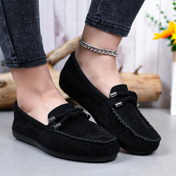 Pantofi damă slip-on din piele întoarsă neagră, talpă moale, anti-derapare, casual pentru ziua de zi