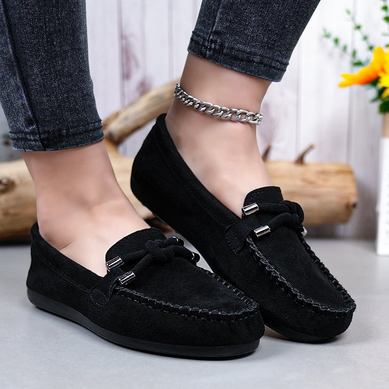 Pantofi damă slip-on din piele întoarsă neagră, talpă moale, anti-derapare, casual pentru ziua de zi