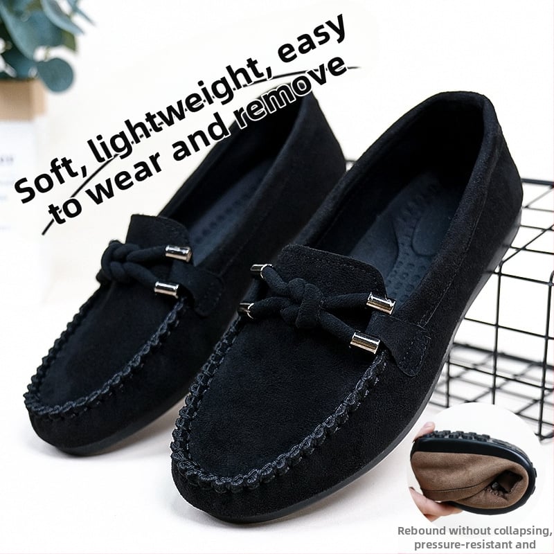 Pantofi damă slip-on din piele întoarsă neagră, talpă moale, anti-derapare, casual pentru ziua de zi