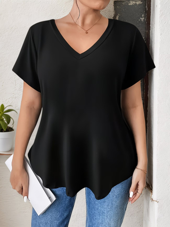XL-5XL Μεγάλα Μεγέθη T-shirt με V-λαιμό, κοντό μανίκι, κέντημα, oversized