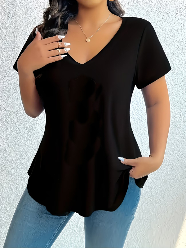 XL-5XL Μεγάλα Μεγέθη T-shirt με V-λαιμό, κοντό μανίκι, κέντημα, oversized