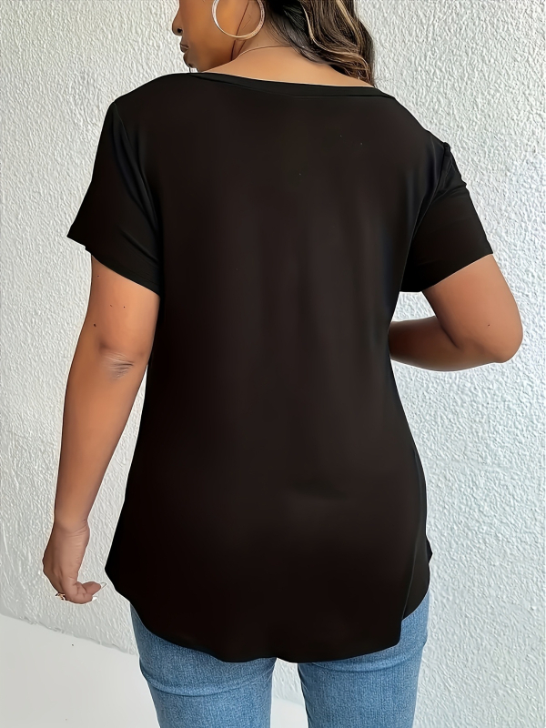 XL-5XL Μεγάλα Μεγέθη T-shirt με V-λαιμό, κοντό μανίκι, κέντημα, oversized