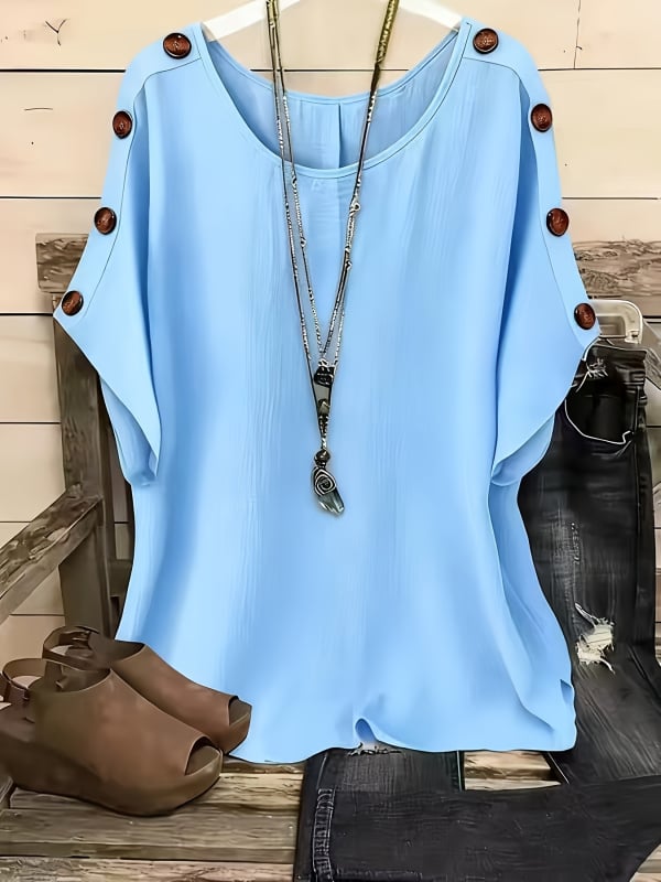 Női egyszínű, kerek nyakú, rövid ujjú pulóver-top, laza elegáns