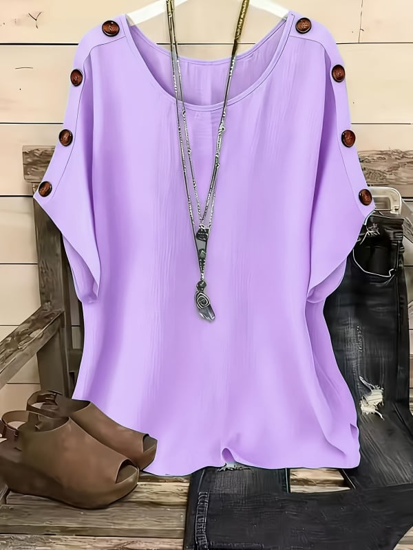 Női egyszínű, kerek nyakú, rövid ujjú pulóver-top, laza elegáns