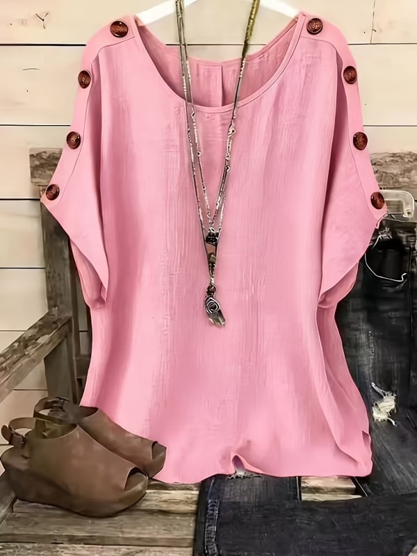 Női egyszínű, kerek nyakú, rövid ujjú pulóver-top, laza elegáns