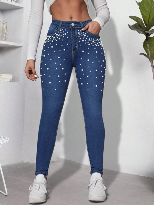 ZZ230203 Γυναικείοι Τζιν από Ντένιμ με Πέρλες, Στενή Γραμμή, Ελαστική Μέση, Μεσαία Μέση, Αρχές Φθινοπωρίου