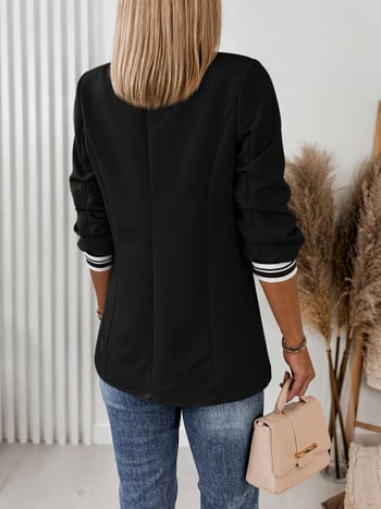 Sacou blazer negru pentru femei, guler cu dungi contrastante, croială lejeră, design personalizat