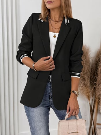 Sacou blazer negru pentru femei, guler cu dungi contrastante, croială lejeră, design personalizat