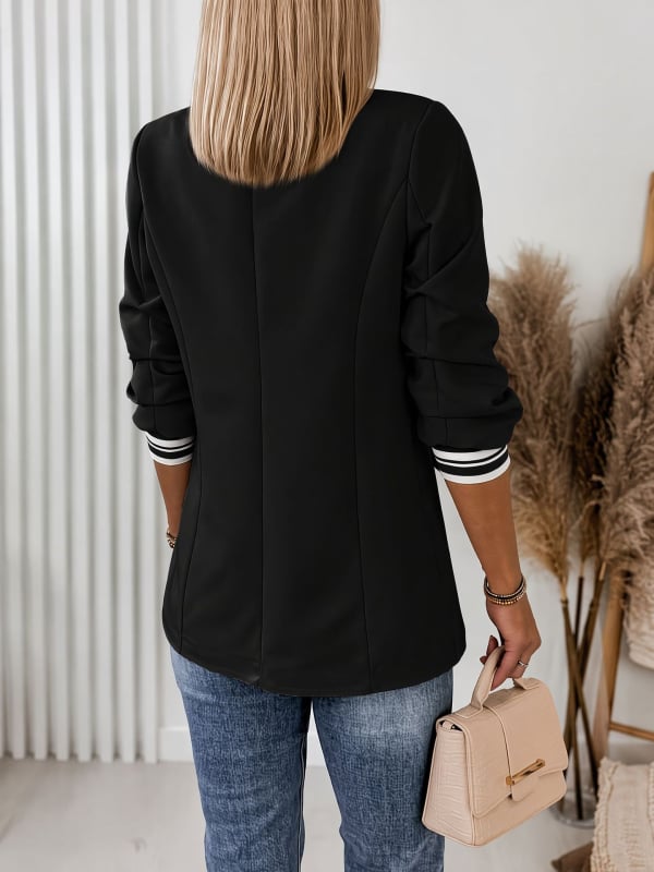 Sacou blazer negru pentru femei, guler cu dungi contrastante, croială lejeră, design personalizat