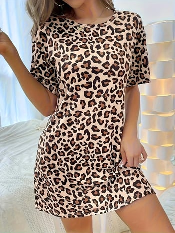 Klasszikus khaki leopard mintás rövid ujjú éjszakai ruha, laza szabású, jégselyem anyag, otthoni viselet, középhosszú ruha