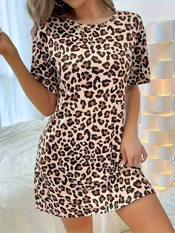 Klasszikus khaki leopard mintás rövid ujjú éjszakai ruha, laza szabású, jégselyem anyag, otthoni viselet, középhosszú ruha
