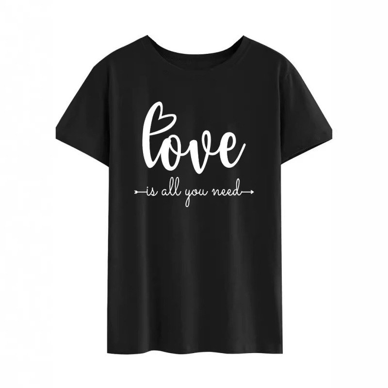 Love Is All You Need βαμβακερό κοντομάνικο T‑shirt, στρογγυλός λαιμός, στενή γραμμή, εκτύπωση, street hipster, καλοκαίρι 2024