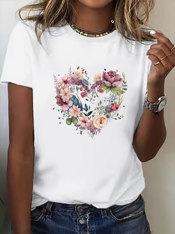 Γυναικείο T‑shirt με φλοράλ εκτύπωση καρδιάς, 180 g, μαλακό, στρογγυλός λαιμός