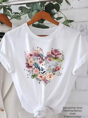 Γυναικείο T‑shirt με φλοράλ εκτύπωση καρδιάς, 180 g, μαλακό, στρογγυλός λαιμός