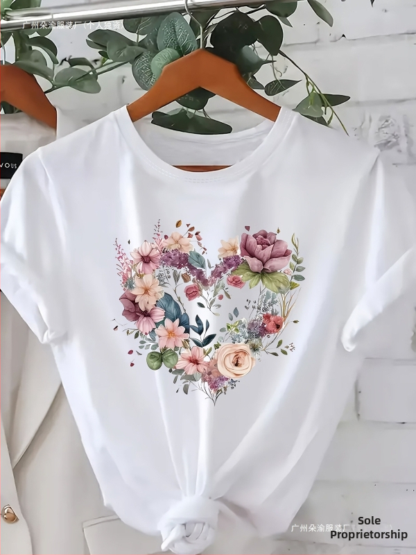 Γυναικείο T‑shirt με φλοράλ εκτύπωση καρδιάς, 180 g, μαλακό, στρογγυλός λαιμός