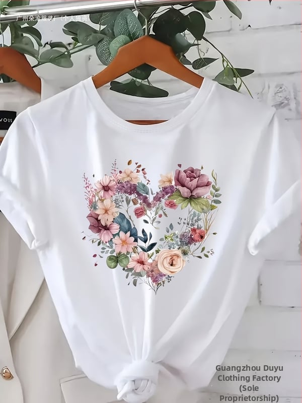 Γυναικείο T‑shirt με φλοράλ εκτύπωση καρδιάς, 180 g, μαλακό, στρογγυλός λαιμός