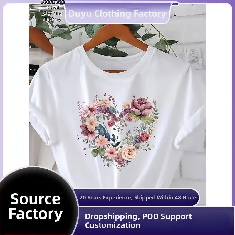 Γυναικείο T‑shirt με φλοράλ εκτύπωση καρδιάς, 180 g, μαλακό, στρογγυλός λαιμός