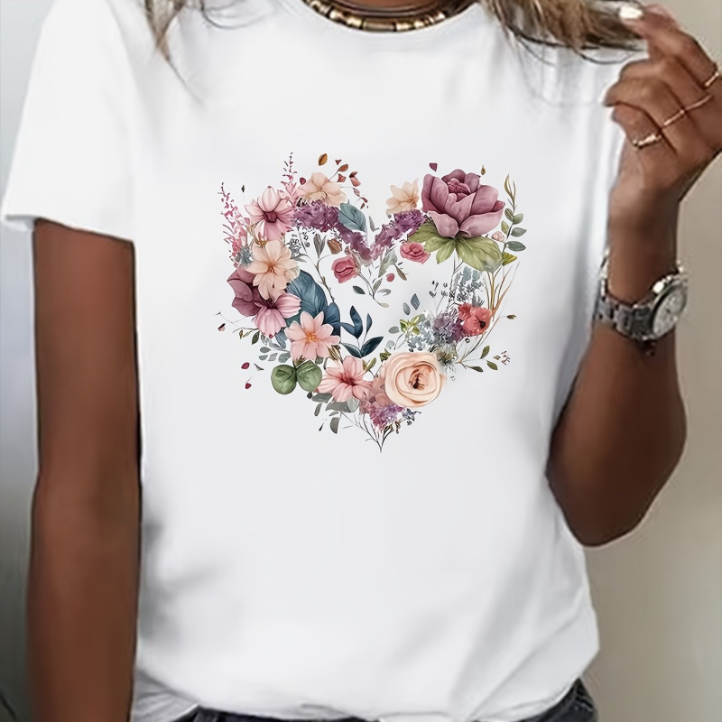 Γυναικείο T‑shirt με φλοράλ εκτύπωση καρδιάς, 180 g, μαλακό, στρογγυλός λαιμός