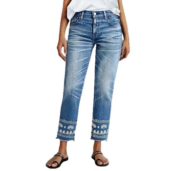 Hímzett farmernadrág, egyenes szabású, magas derék, elasztikus, koptatott denim, etnikus hímzés, casual minimalista