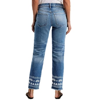 Hímzett farmernadrág, egyenes szabású, magas derék, elasztikus, koptatott denim, etnikus hímzés, casual minimalista