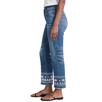 Hímzett farmernadrág, egyenes szabású, magas derék, elasztikus, koptatott denim, etnikus hímzés, casual minimalista