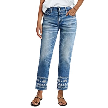 Hímzett farmernadrág, egyenes szabású, magas derék, elasztikus, koptatott denim, etnikus hímzés, casual minimalista