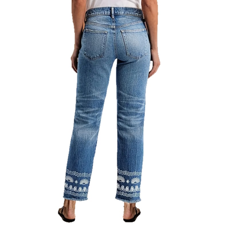 Hímzett farmernadrág, egyenes szabású, magas derék, elasztikus, koptatott denim, etnikus hímzés, casual minimalista