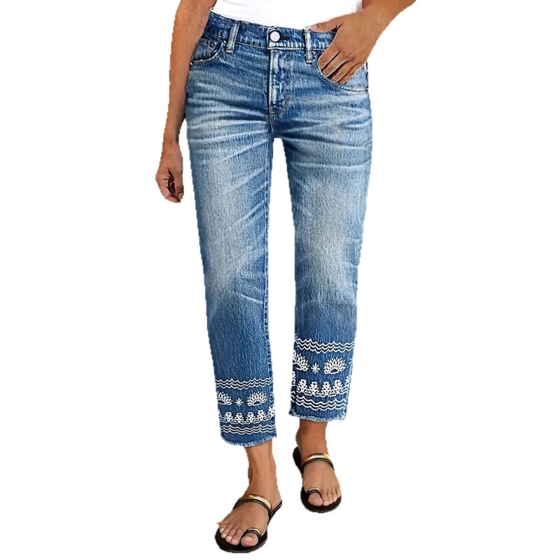 Hímzett farmernadrág, egyenes szabású, magas derék, elasztikus, koptatott denim, etnikus hímzés, casual minimalista