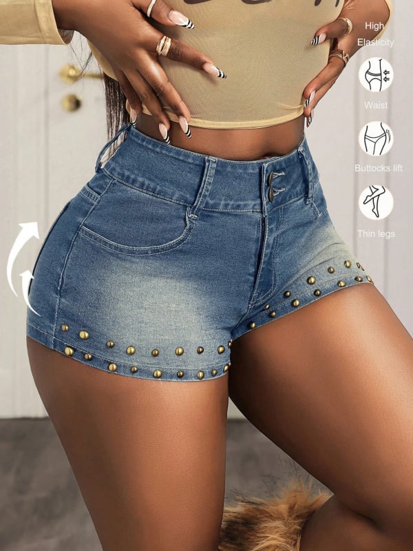 Európai–amerikai stílusú magas derekú denim rövidnadrág, dupla csattal, slim fit nyárra