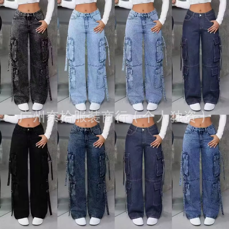 Női cargo nadrág több zsebbel, széles láb, munkaruházati stílus