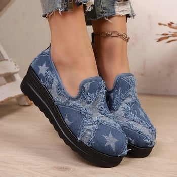 Női denim klíncipő, kerek orr, slip-on, vastag talp, őszi-téli