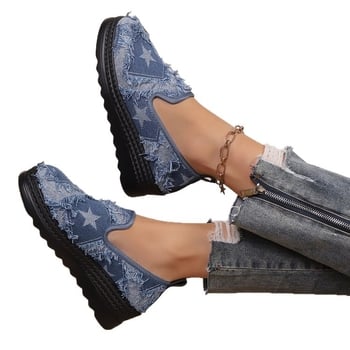 Női denim klíncipő, kerek orr, slip-on, vastag talp, őszi-téli