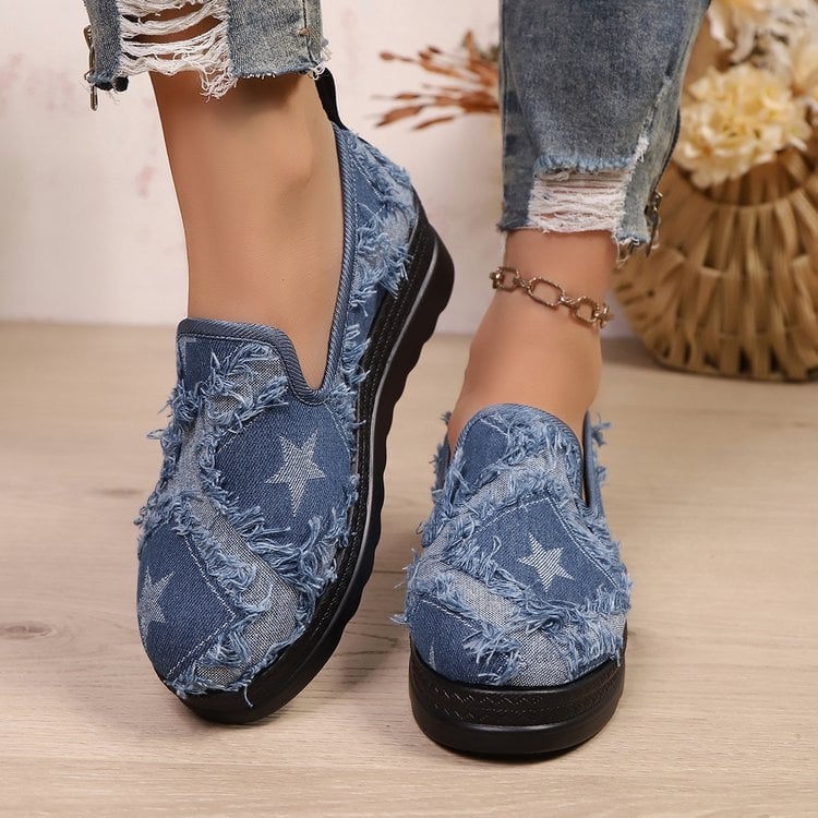 Női denim klíncipő, kerek orr, slip-on, vastag talp, őszi-téli