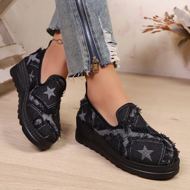 Női denim klíncipő, kerek orr, slip-on, vastag talp, őszi-téli