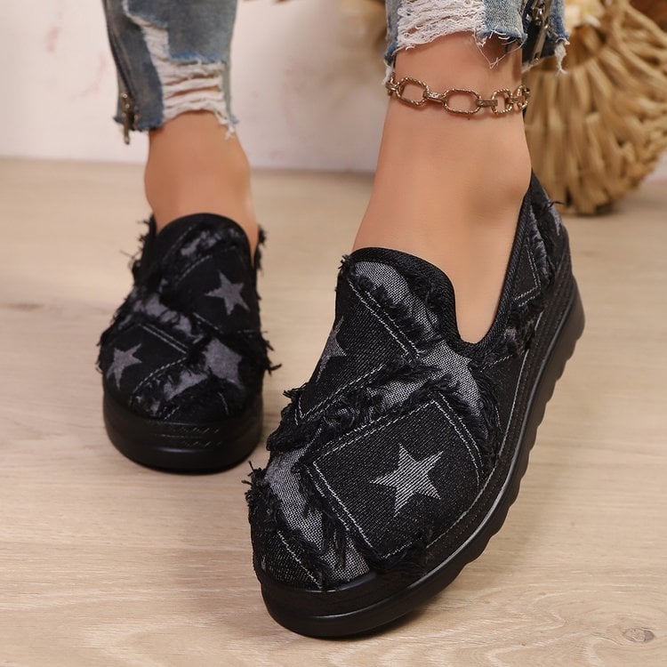Női denim klíncipő, kerek orr, slip-on, vastag talp, őszi-téli