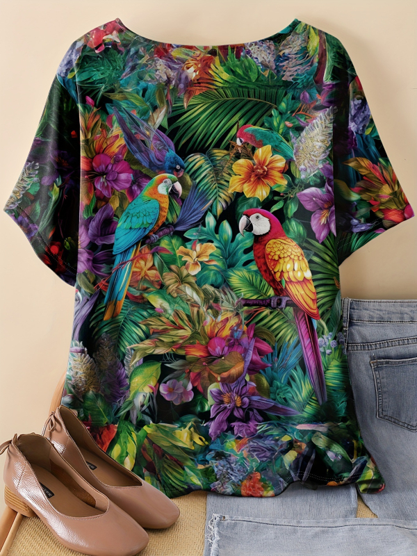 Γυναικείο T‑shirt με κοντό μανίκι, χαλαρή γραμμή, 3D ψηφιακή εκτύπωση με σχέδιο παπαγάλου και φυτών