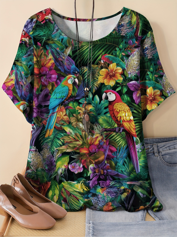 Γυναικείο T‑shirt με κοντό μανίκι, χαλαρή γραμμή, 3D ψηφιακή εκτύπωση με σχέδιο παπαγάλου και φυτών