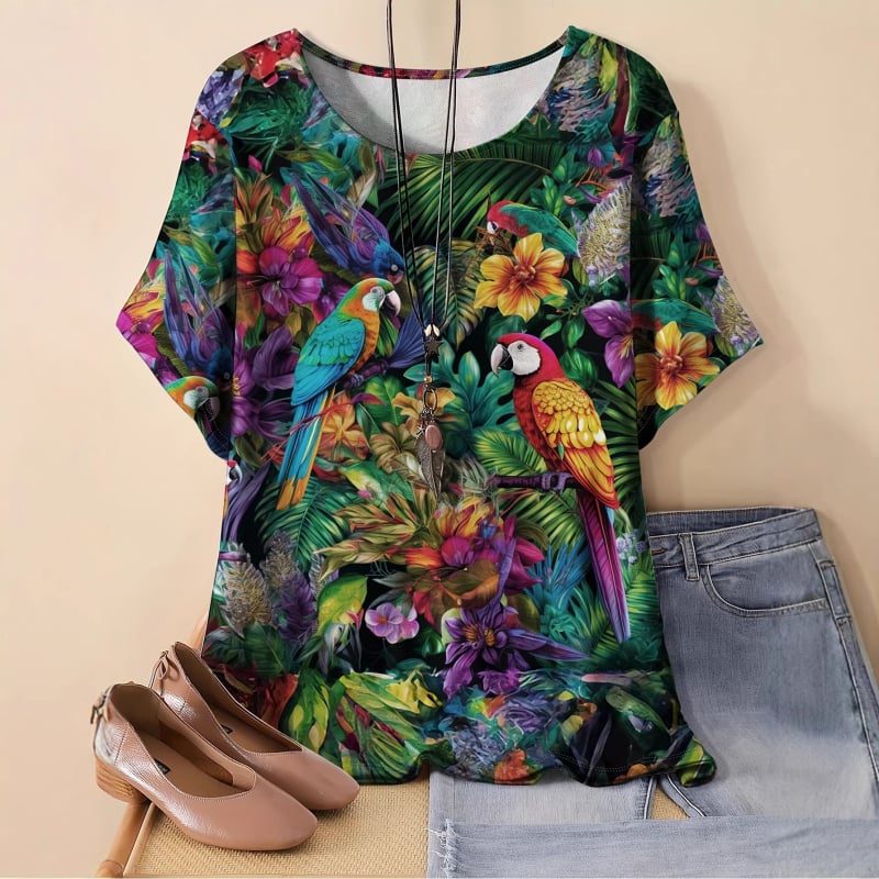 Γυναικείο T‑shirt με κοντό μανίκι, χαλαρή γραμμή, 3D ψηφιακή εκτύπωση με σχέδιο παπαγάλου και φυτών