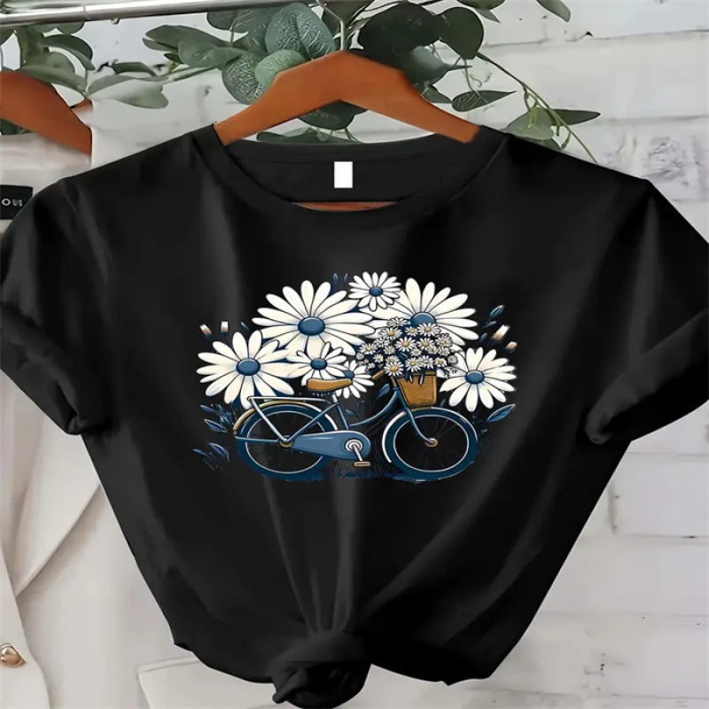 Γυναικείο κοντομάνικο T‑shirt με εκτύπωση, καλοκαίρι 2025, χαλαρή εφαρμογή, στρογγυλός λαιμός