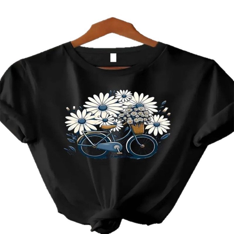 Γυναικείο κοντομάνικο T‑shirt με εκτύπωση, καλοκαίρι 2025, χαλαρή εφαρμογή, στρογγυλός λαιμός