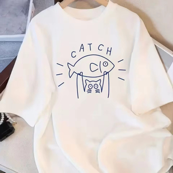 Γυναικείο T‑shirt με στρογγυλό λαιμό και κοντά μανίκια, φαρδιά γραμμή, γραφικό σχέδιο, καλοκαίρι 2025