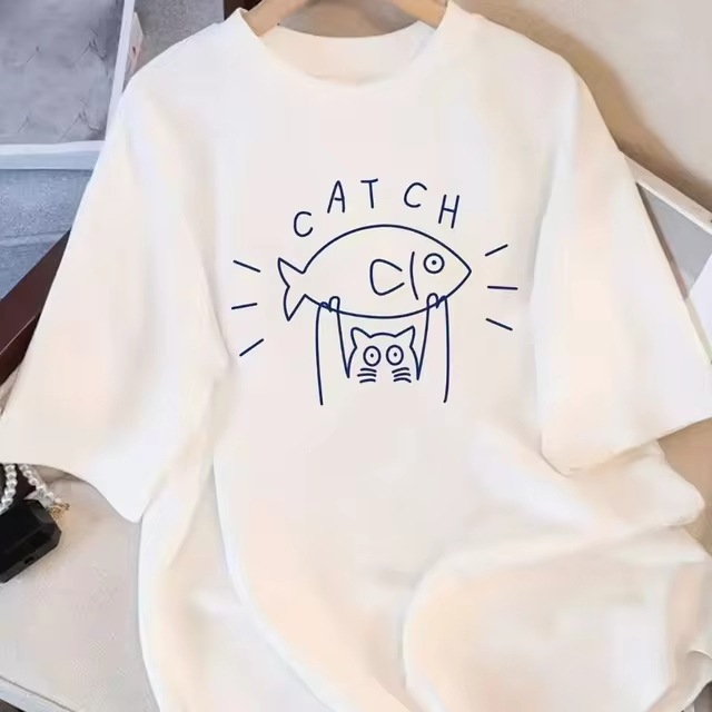 Γυναικείο T‑shirt με στρογγυλό λαιμό και κοντά μανίκια, φαρδιά γραμμή, γραφικό σχέδιο, καλοκαίρι 2025