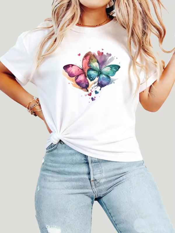 Γυναικείο T-shirt με εκτύπωση, μεγάλο μέγεθος, στρογγυλό λαιμό, κοντά μανίκια, βαμβακερό, άνετο καθημερινό top, ευρωπαϊκό στυλ, 1-7XL